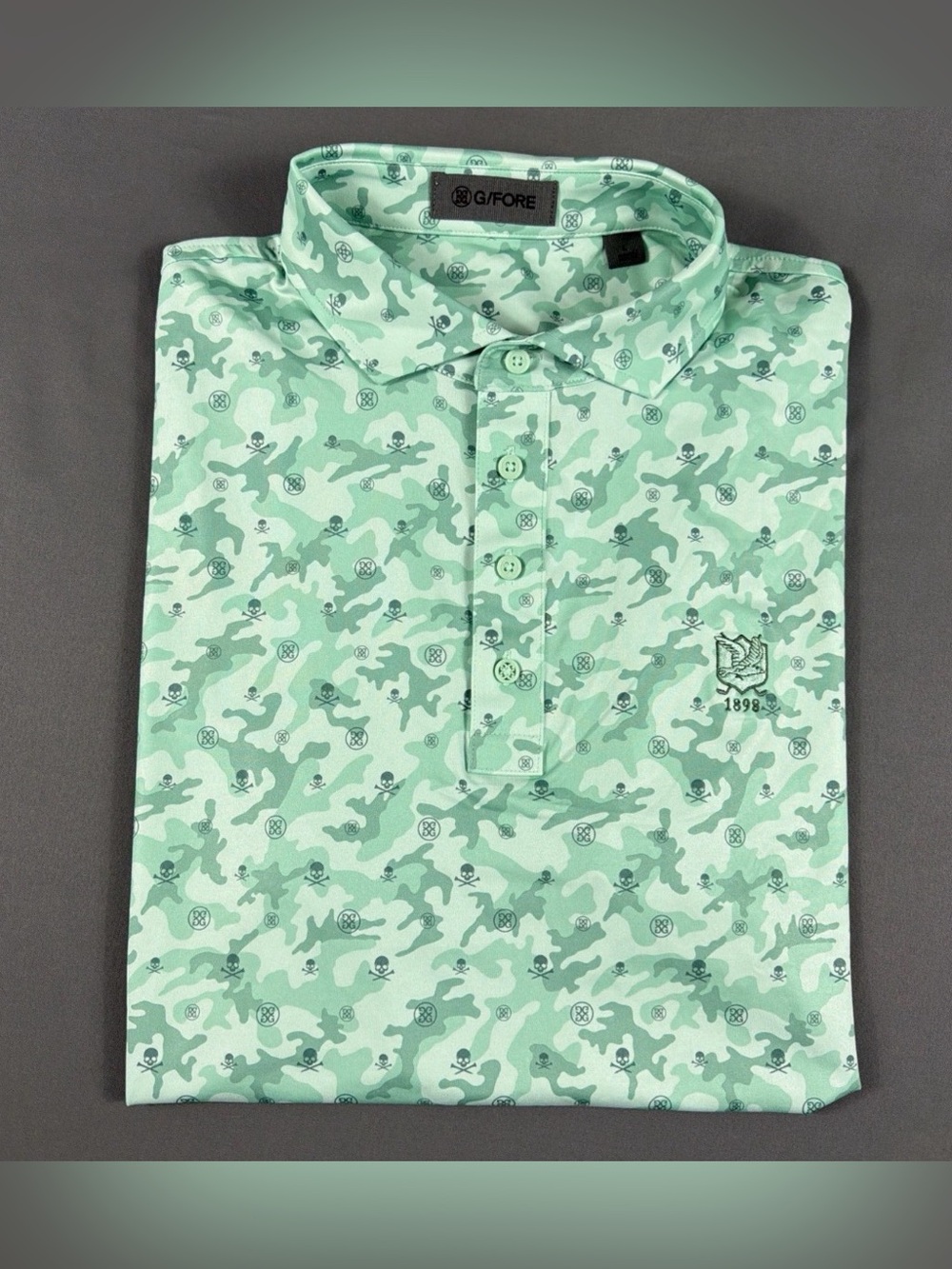 G/Fore G4 Golf Shirt Polo Chest Logo Mapped Icon Camo Print Large Green NWT $120